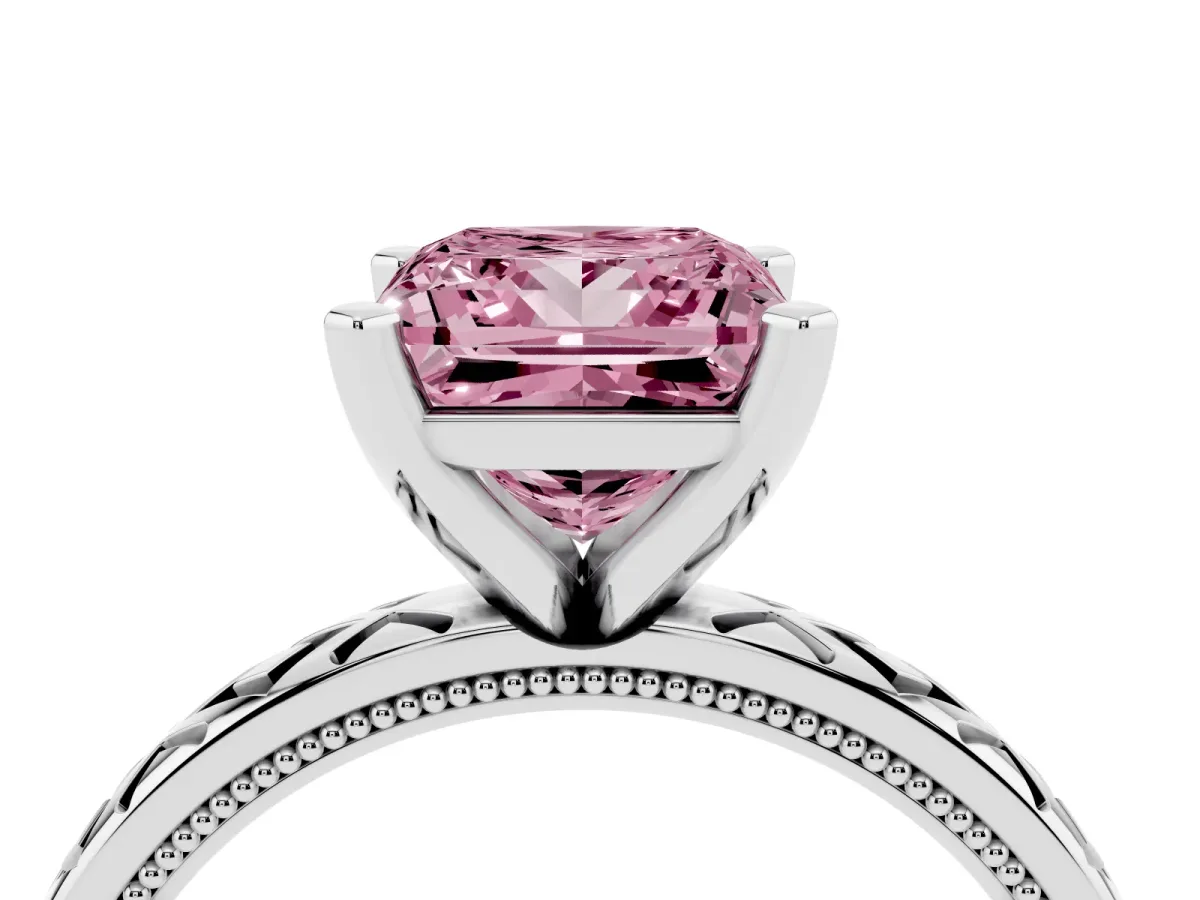 Fancy Pink Princess Cut Solitaire Diamond Ring with Milgrain and Black Enamel X Pattern Band Silver