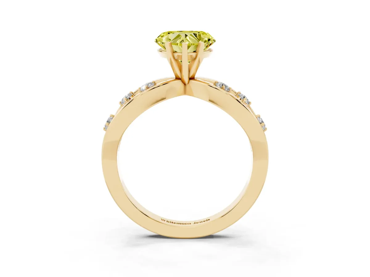 Fancy Yellow Heart Cut Cut Solitaire Diamond with Side Stones on Criss-Cross Band and Four-Prong Setting Yellow gold