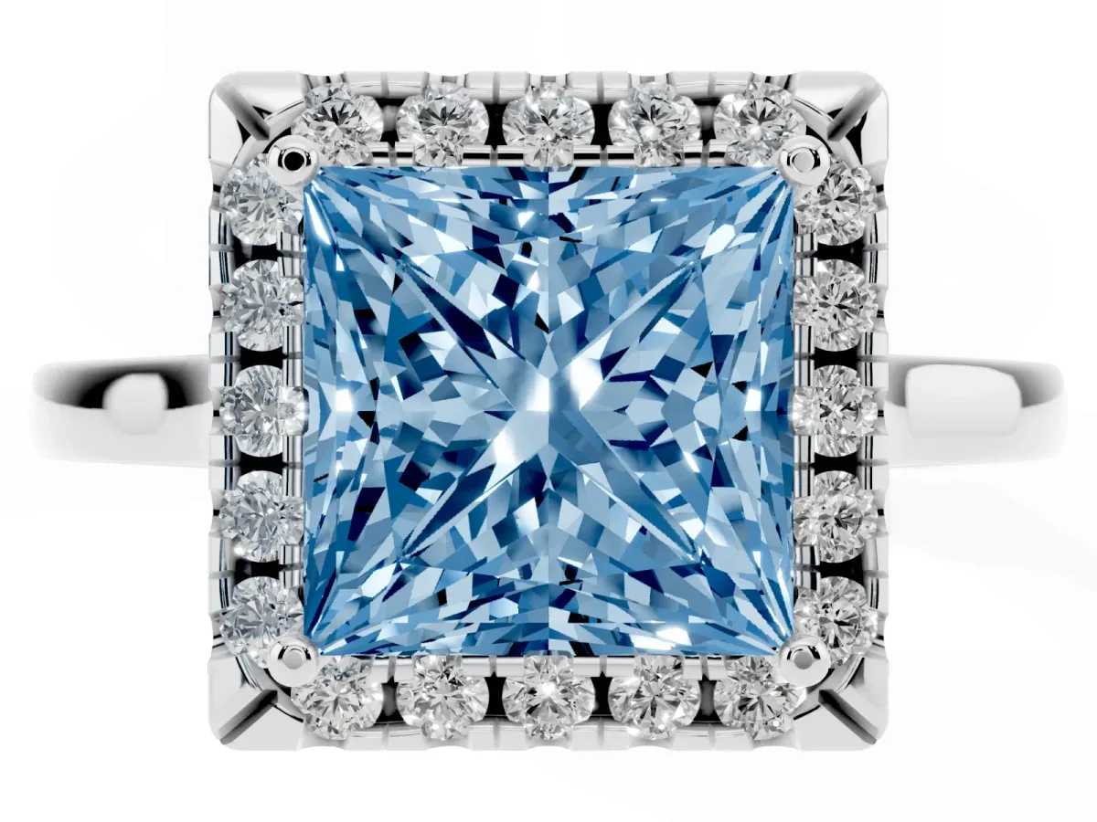 Fancy Blue Princess Cut Halo Round Diamond Solitaire Ring with Pavé Band and Four-Prong Setting Silver