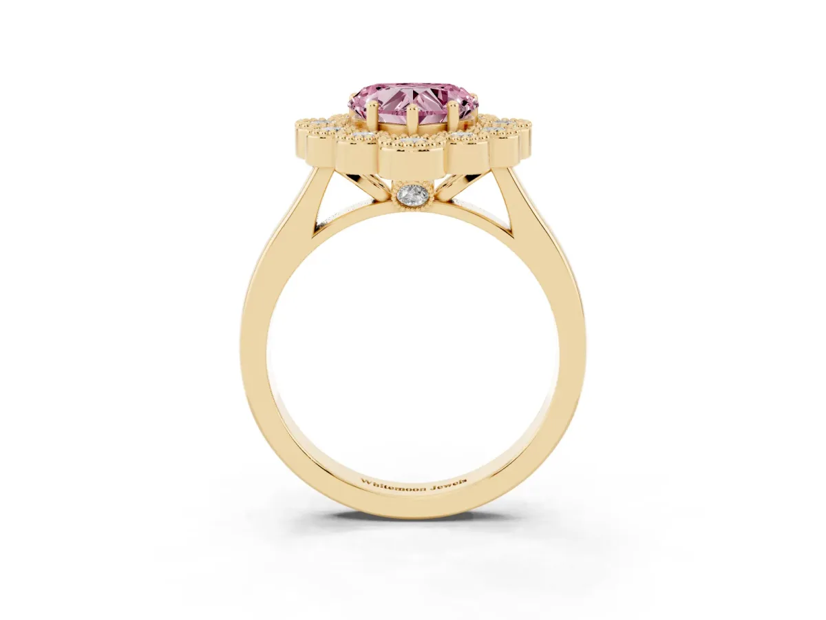 Fancy Pink Heart Cut Halo Diamond Cluster Engagement Ring with Milgrain Bezel Setting and Solitaire Band Yellow gold