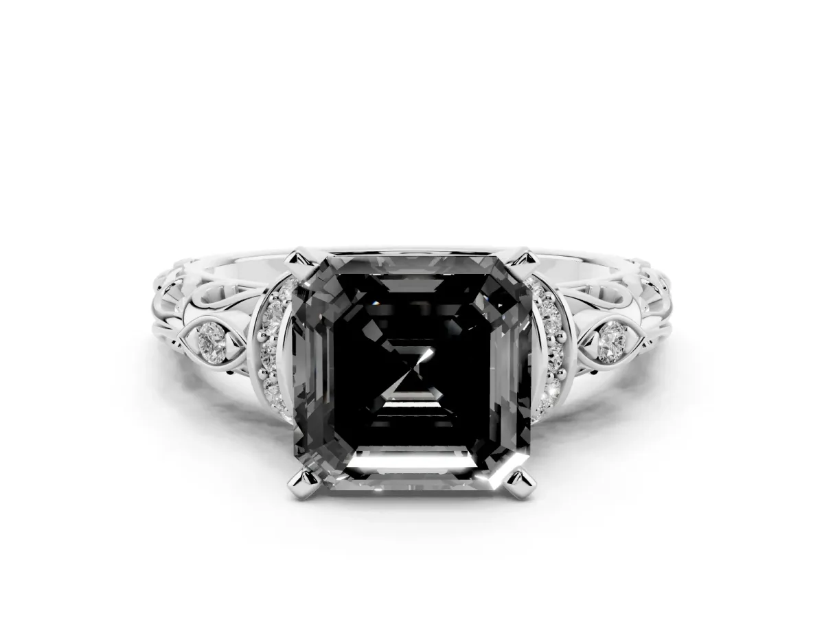Fancy Black Asscher Cut Diamond Solitaire Ring with Filigree Band and Four-Prong Setting Silver