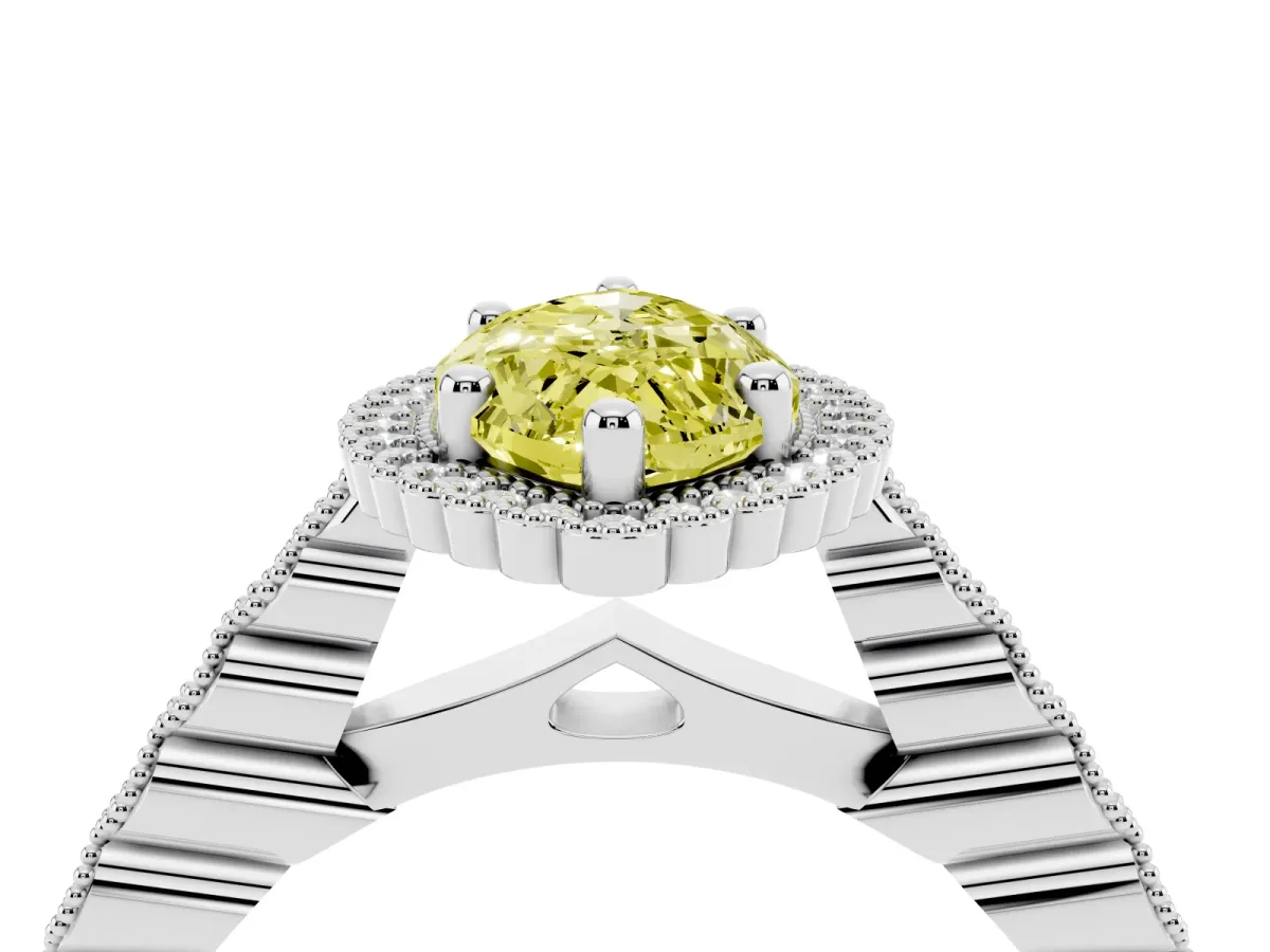 Fancy Yellow Marquise Cut Cut Halo Pavé Solitaire Ring with Milgrain Band White gold