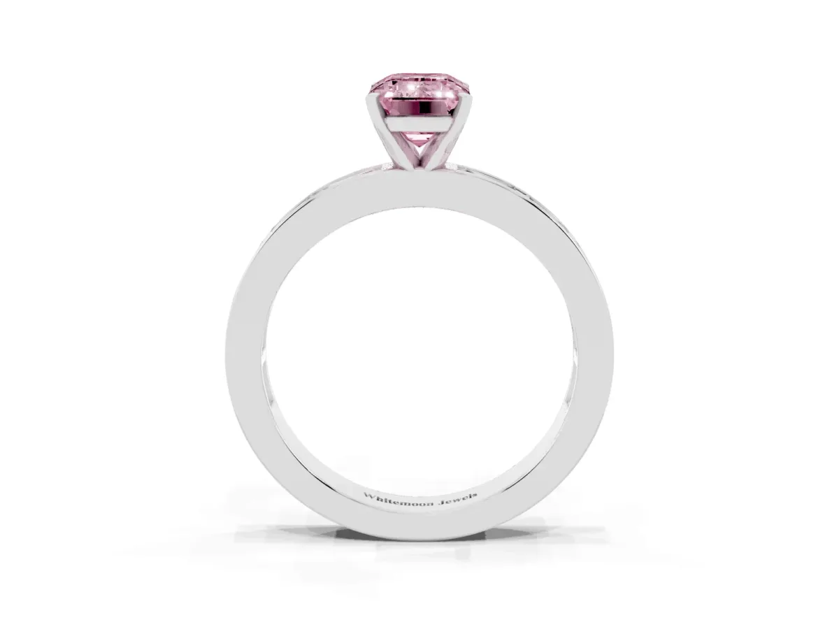 Fancy Pink Emerald Cut Solitaire Diamond Ring with Channel-Set Baguette Band and Four-Prong Setting White gold