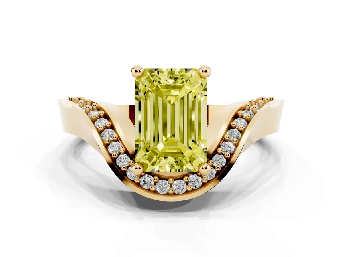 Fancy Yellow Emerald Cut Solitaire Diamond Engagement Ring with Pave Band and Four-Prong Setting Yellow gold