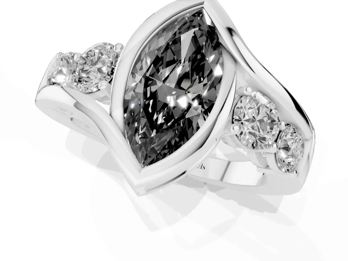 Fancy Black Bezel Set Marquise Cut Diamond Bypass Ring with Round Accents Silver