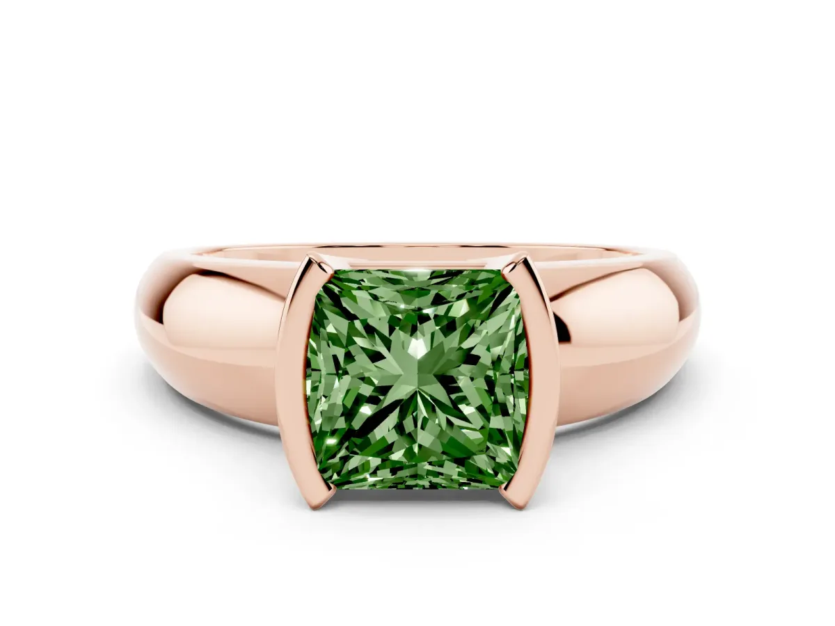 Fancy Green Princess Cut Solitaire Tension Set Diamond Ring with Wide Band Rose gold