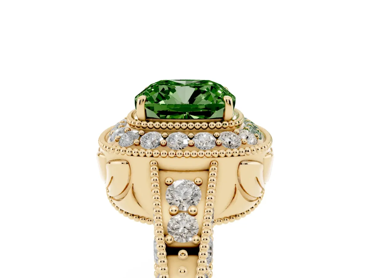 Fancy Green Cushion Cut Halo Diamond Split Shank Ring with Milgrain Detail Yellow gold