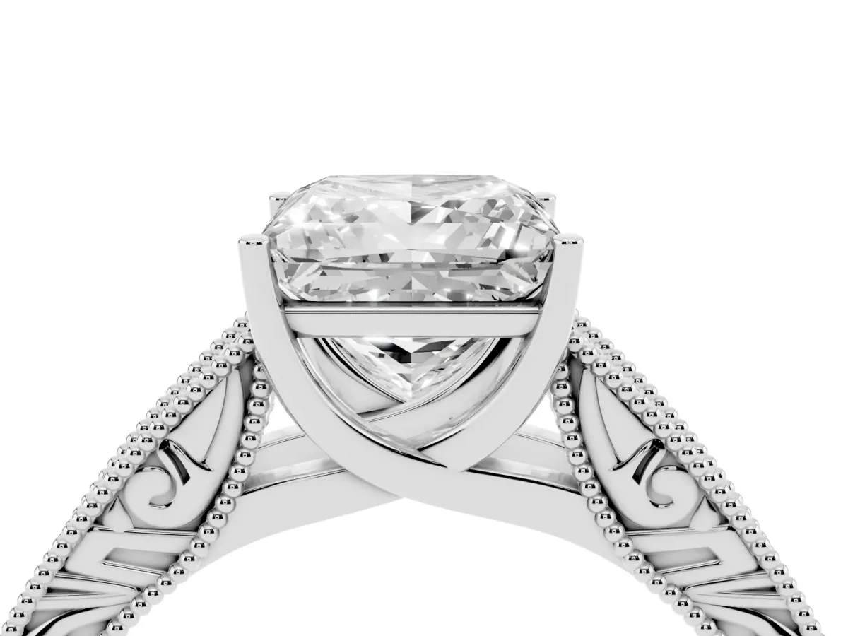 Princess Cut Diamond Solitaire Ring with Engraved Band and Four-Prong Setting White gold