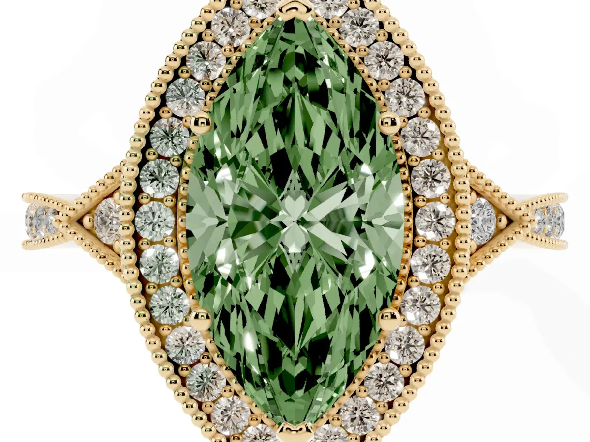 Fancy Green Marquise Cut Halo Round Diamond Milgrain Pave Engagement Ring Yellow gold