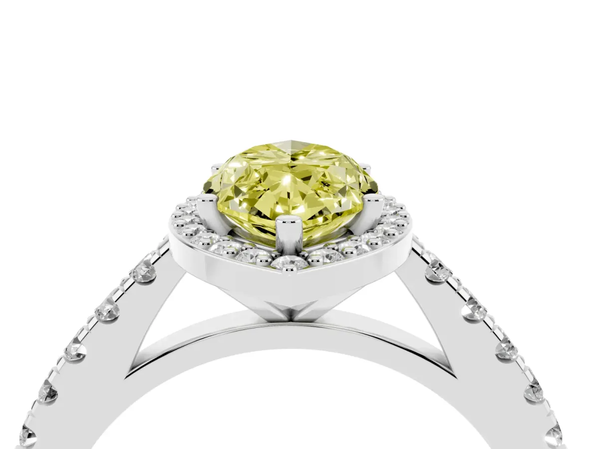 Fancy Yellow Marquise Cut Cut Halo Diamond Engagement Ring with Pave Band and Four-Prong Setting White gold