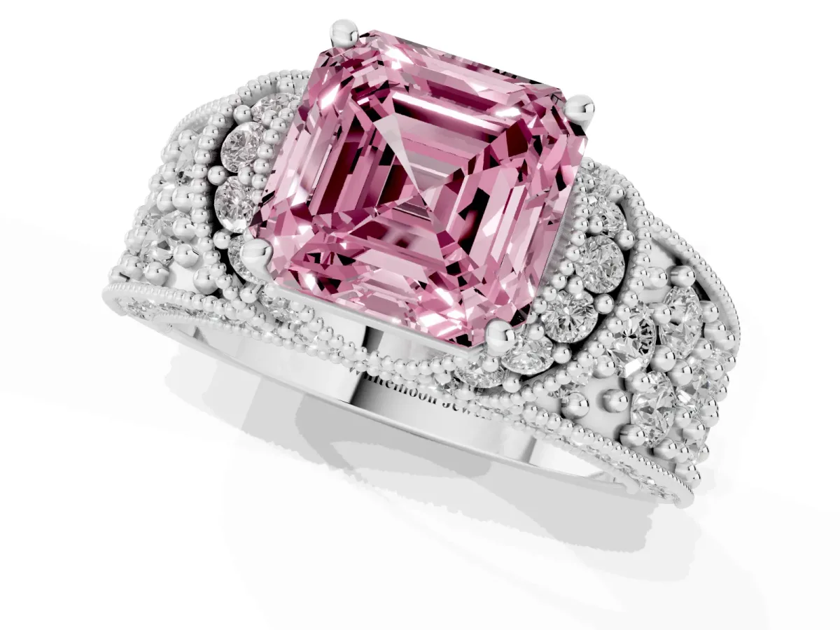 Fancy Pink Asscher Cut Halo Pave Diamond Engagement Ring with Milgrain Detailing Silver