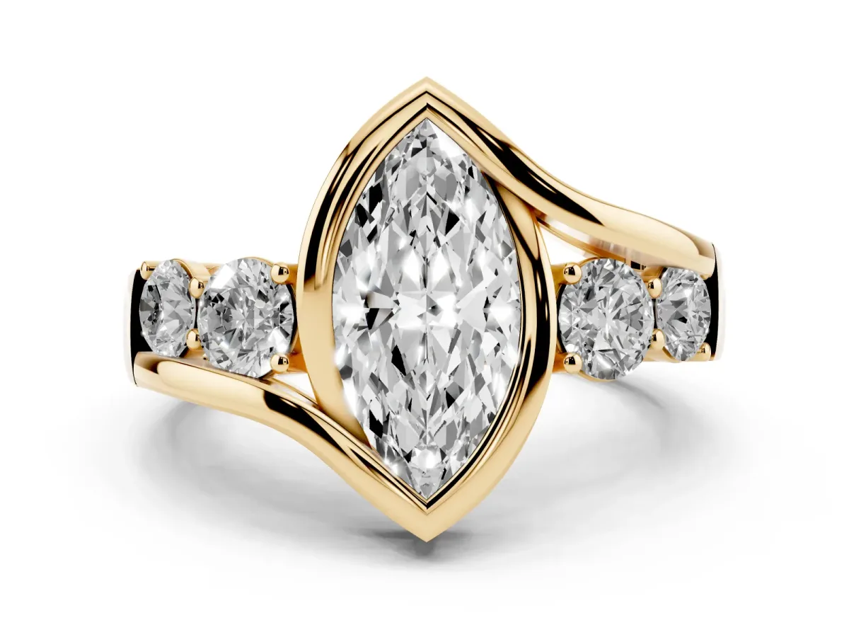 Bezel Set Marquise Cut Diamond Bypass Ring with Round Accents Yellow gold