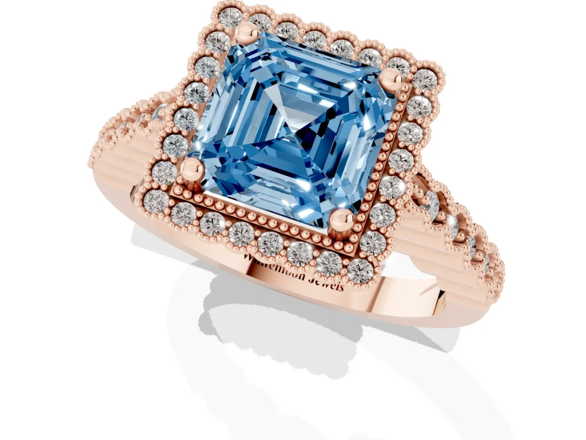 Fancy Blue Asscher Cut Cut Halo Pavé Solitaire Ring with Milgrain Band Rose gold