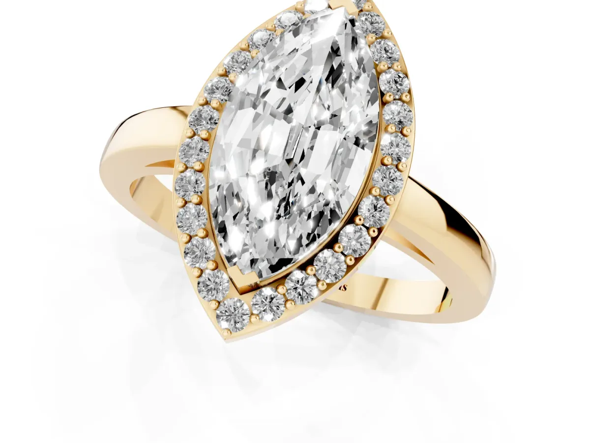 Marquise Cut Halo Diamond Ring with Solitaire Band and Prong Setting Yellow gold