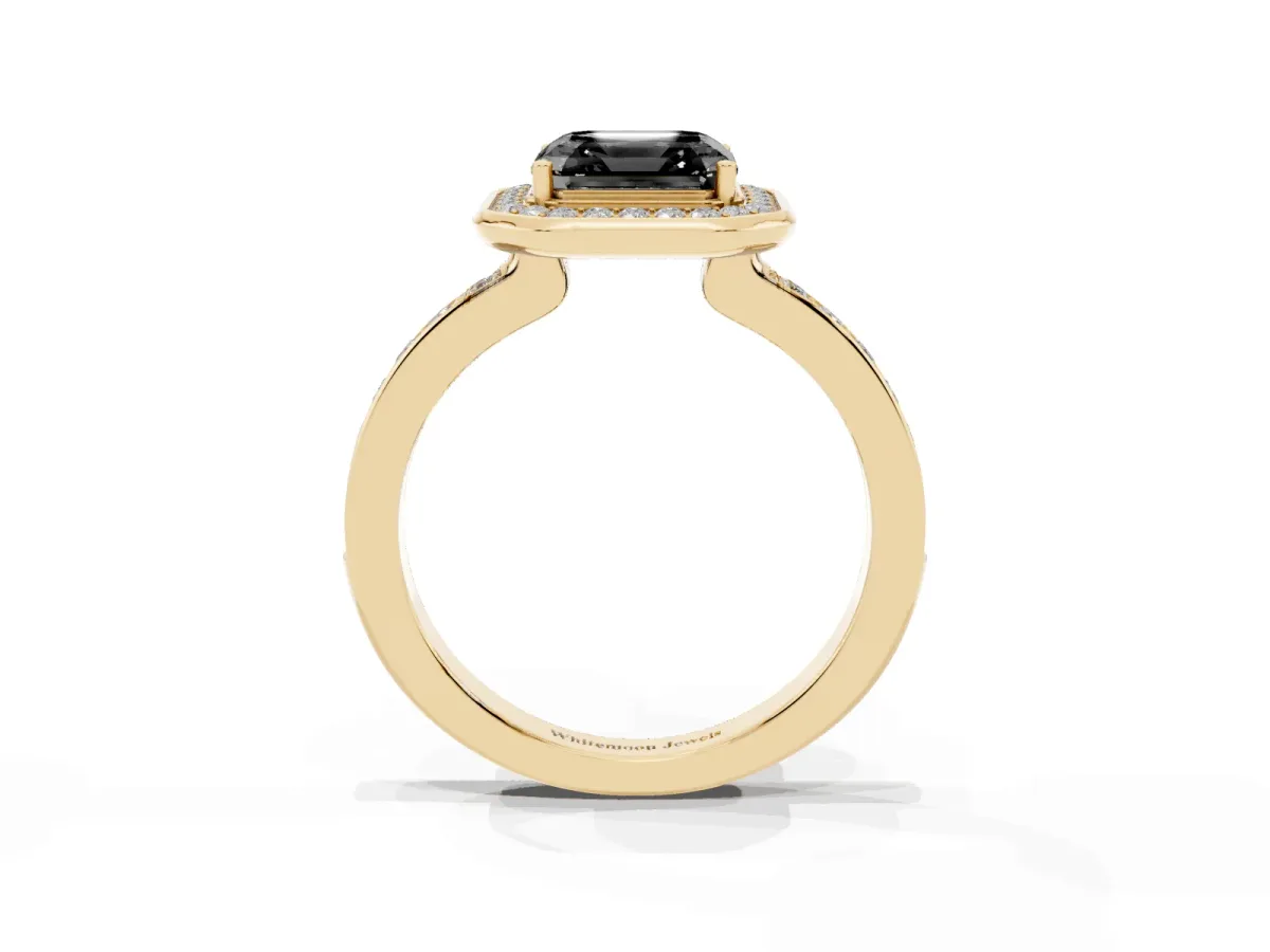 Fancy Black Asscher Cut Diamond Halo Ring with Bezel Frame and Pavé Band Yellow gold