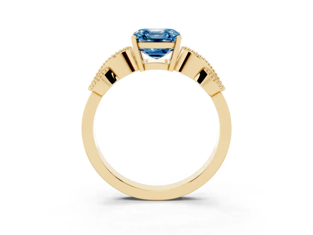 Fancy Blue Asscher Cut Solitaire Milgrain Leaf Band with Prong Setting Yellow gold