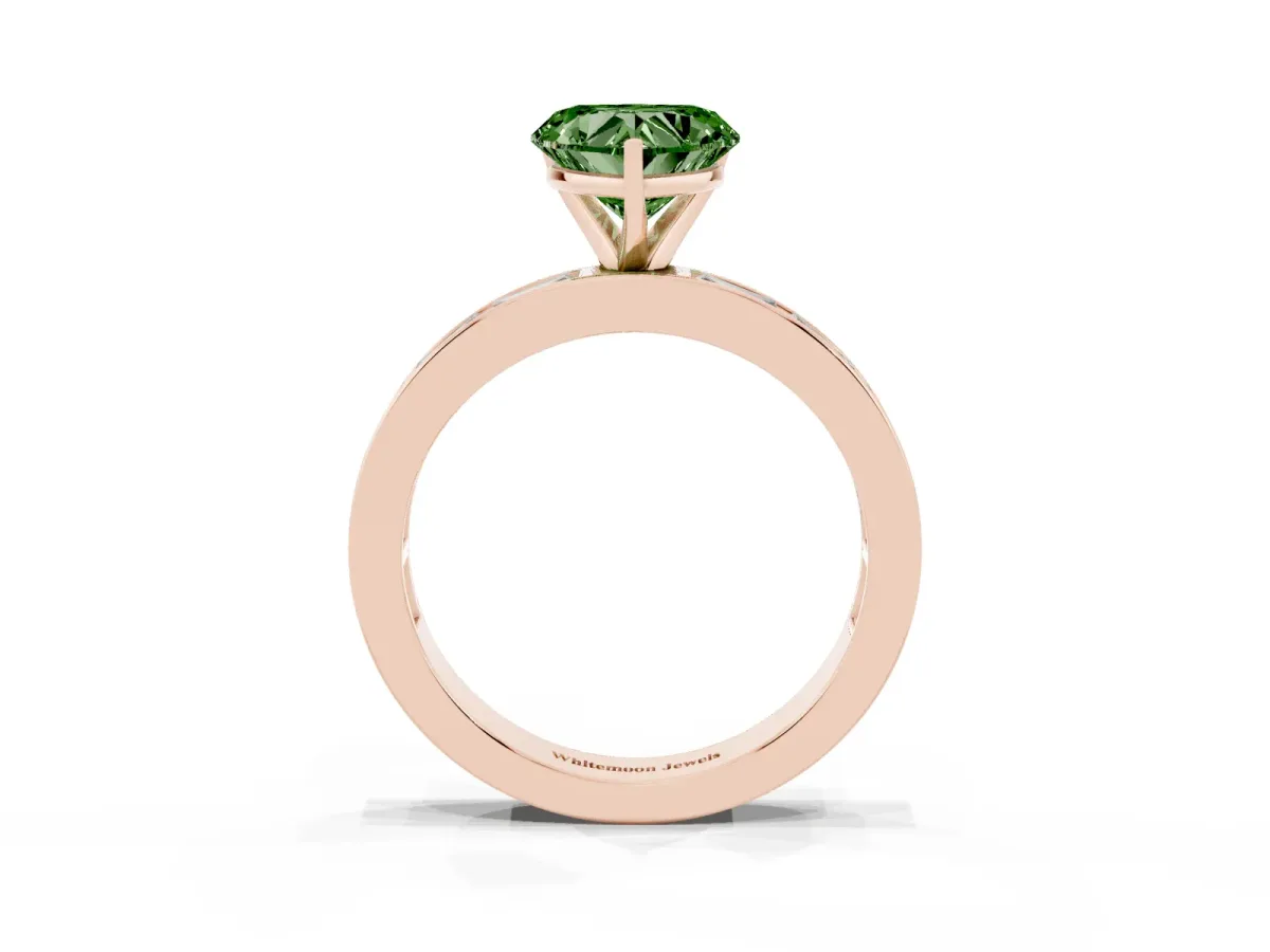 Fancy Green Heart Cut Solitaire Diamond Ring with Channel-Set Baguette Band and Four-Prong Setting Rose gold