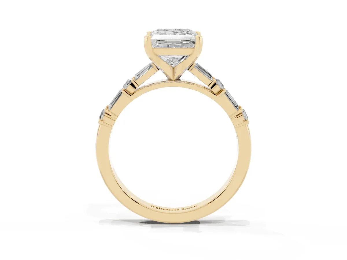 Princess Cut Diamond Solitaire with Side Baguettes and Channel Set Band Yellow gold