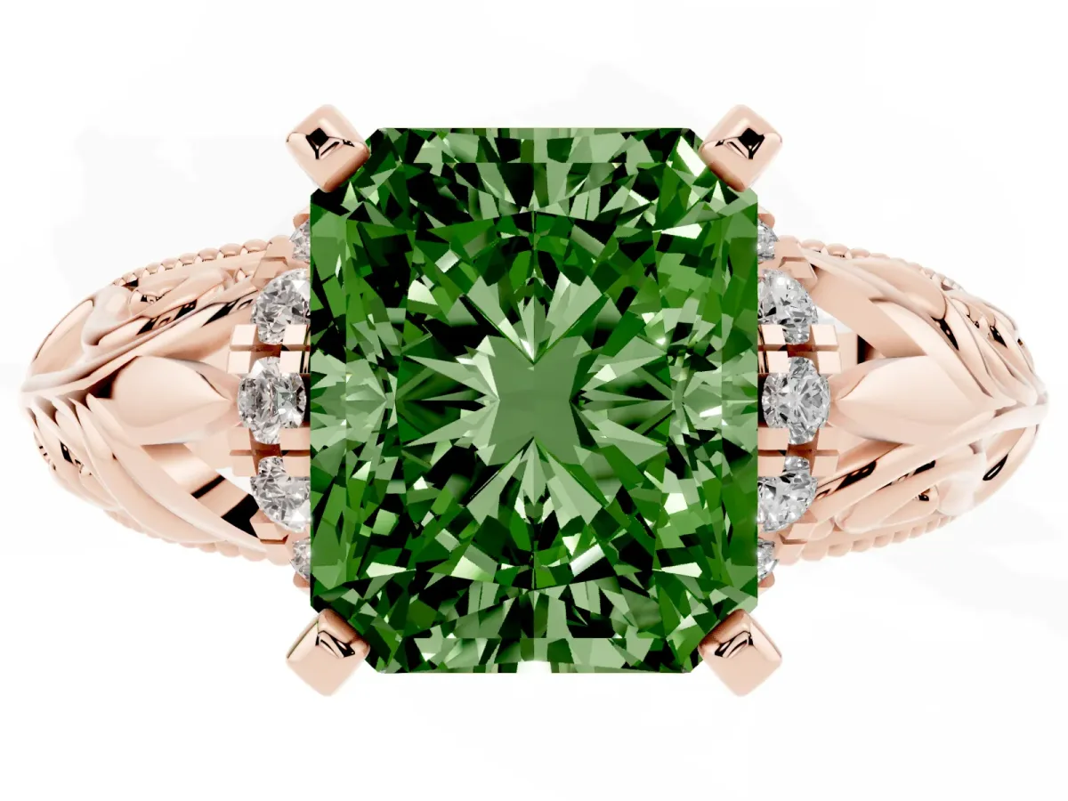 Fancy Green Radiant Cut Solitaire Filigree Engagement Ring with Halo and Prong Setting Rose gold