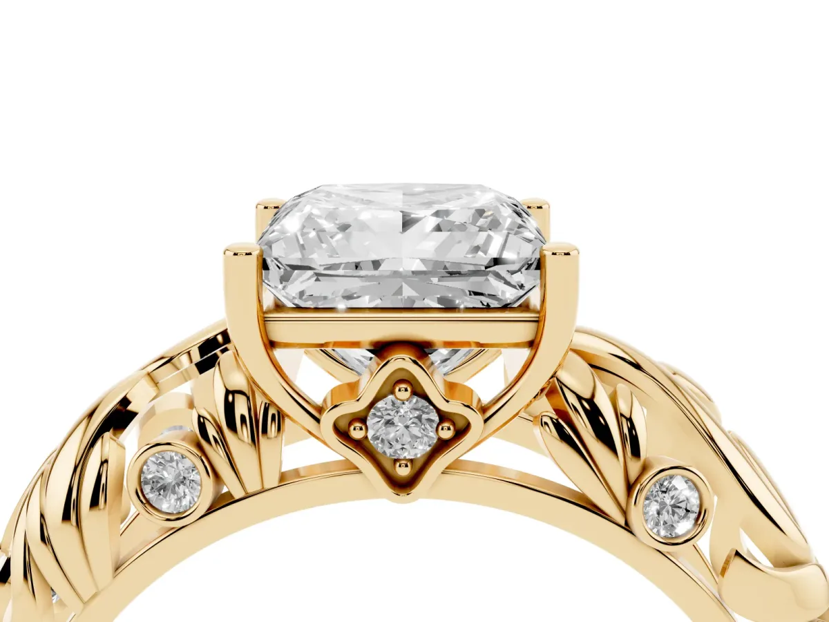 Princess Cut Solitaire Diamond Leaf-Inspired Vine Band Ring with Prong Setting Yellow gold