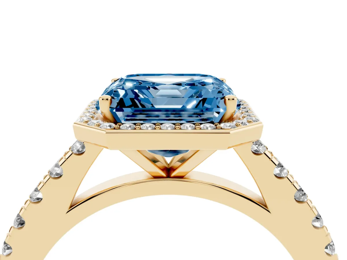 Fancy Blue Asscher Cut Cut Halo Diamond Engagement Ring with Pave Band and Four-Prong Setting Yellow gold