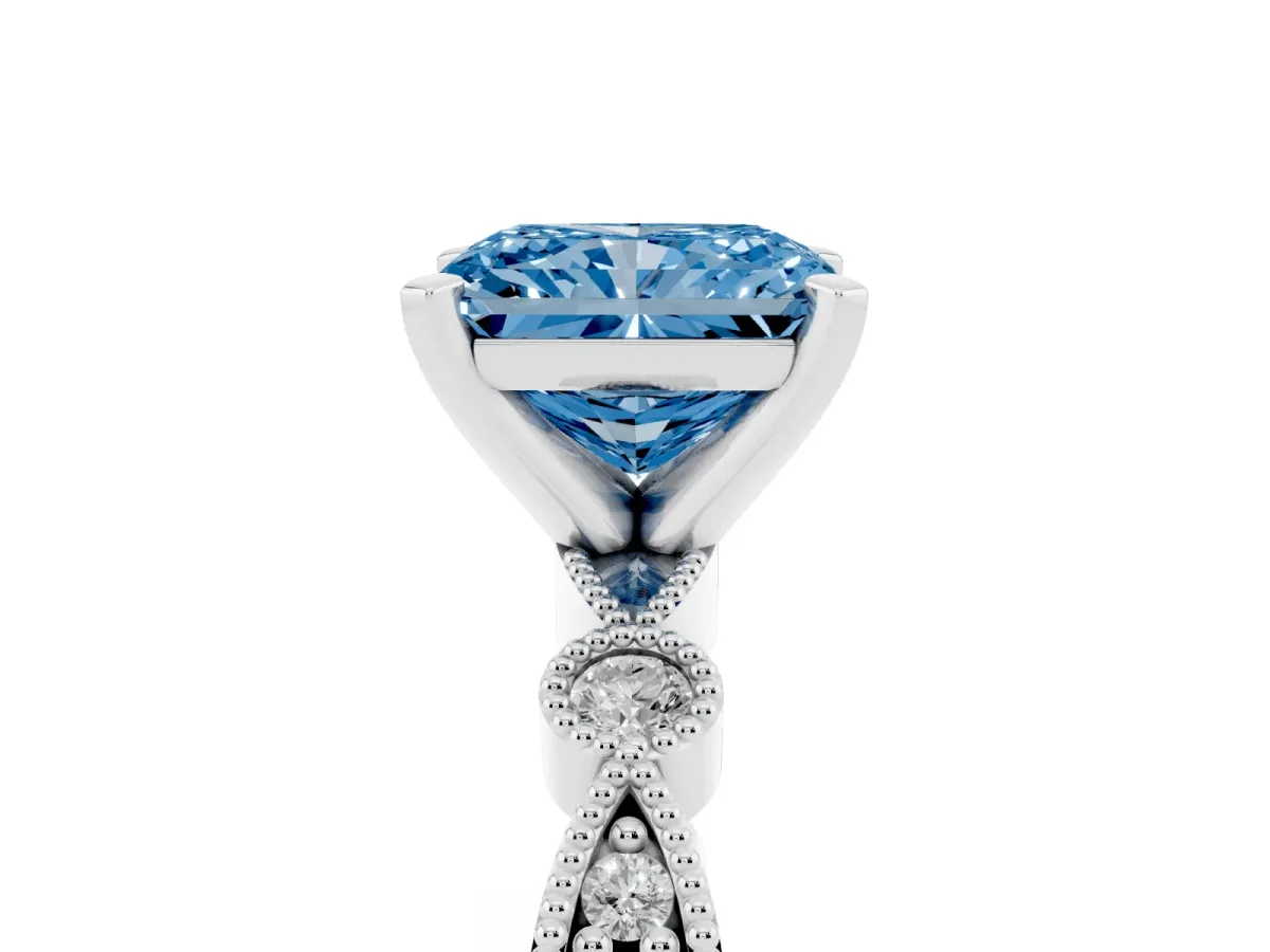 Fancy Blue Radiant Cut Milgrain Bezel Diamond Engagement Ring with Solitaire Prong Setting Silver
