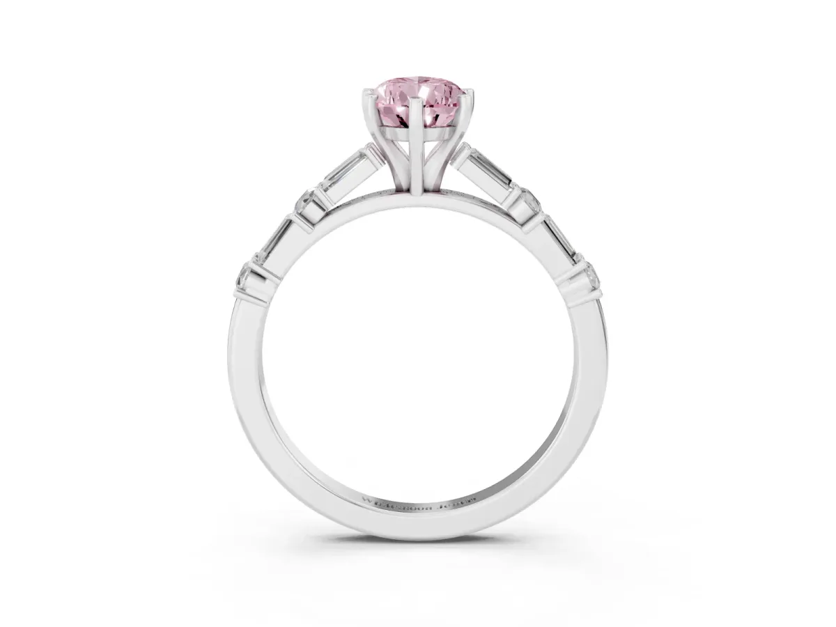 Fancy Pink Pear Cut Diamond Solitaire with Side Baguettes and Channel Set Band Silver
