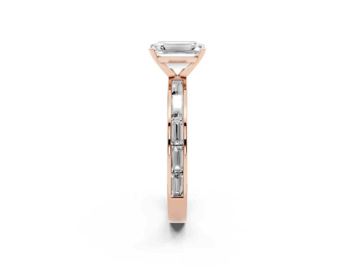 Emerald Cut Solitaire Diamond Ring with Channel-Set Baguette Band and Four-Prong Setting Rose gold