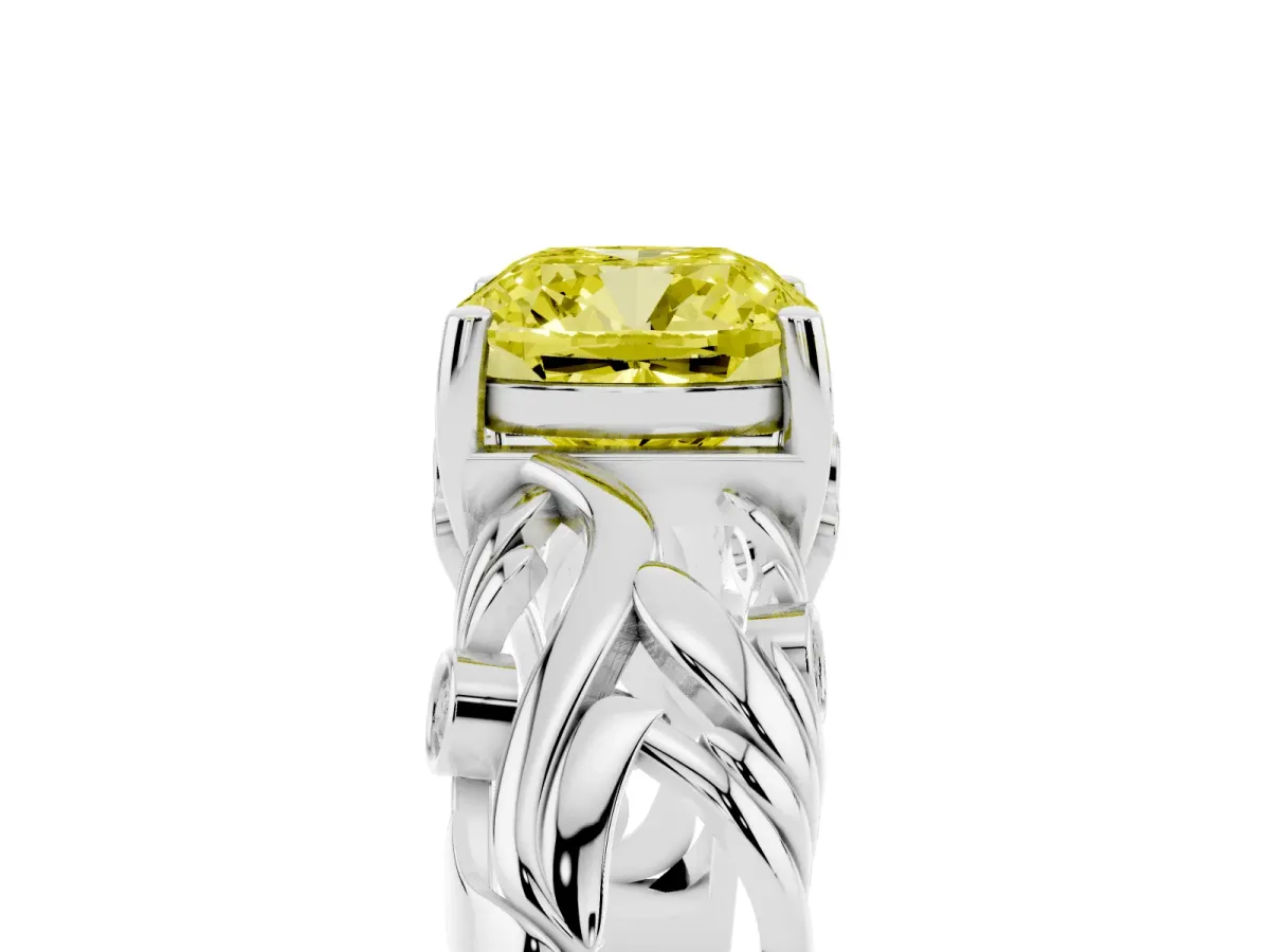 Fancy Yellow Cushion Cut Solitaire Diamond Leaf-Inspired Vine Band Ring with Prong Setting Platinum
