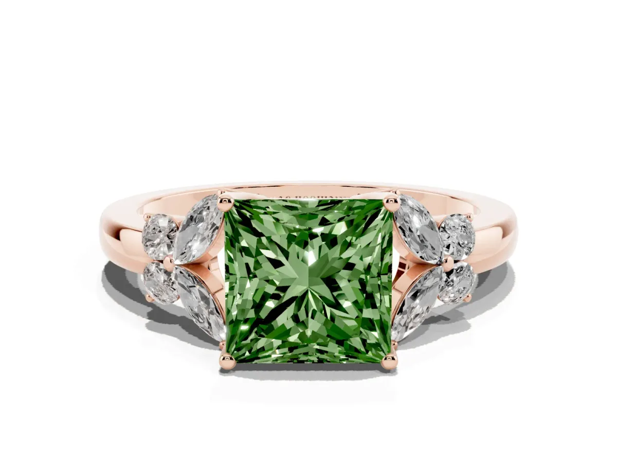 Fancy Green Princess Cut Cut Solitaire Floral Diamond Ring with Four-Prong Setting Rose gold