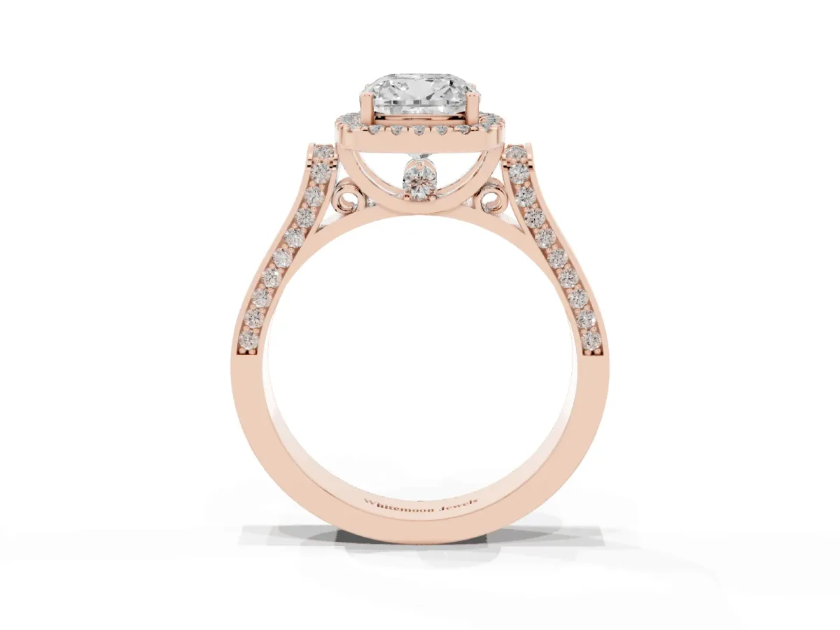 Cushion Cut Halo Pave Split Shank Prong Setting Ring Rose gold