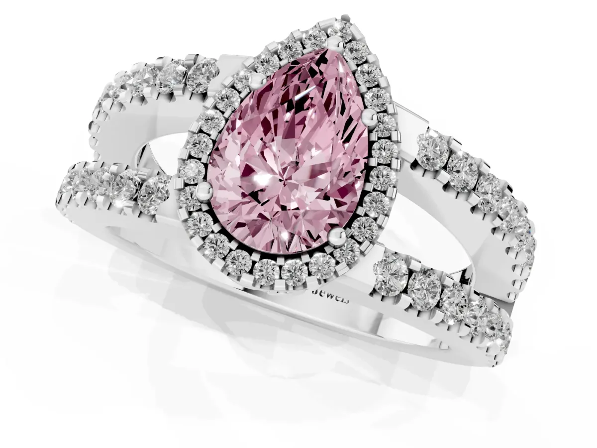 Fancy Pink Pear Cut Cut Halo Split Shank Diamond Ring with Four-Prong Setting Platinum