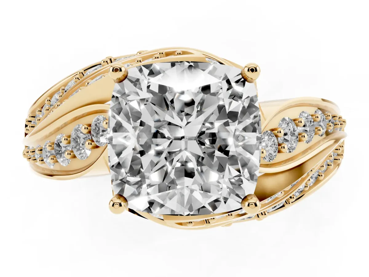 Cushion Cut Diamond Solitaire Ring with Prong Setting and Twisted Pavé Band Yellow gold