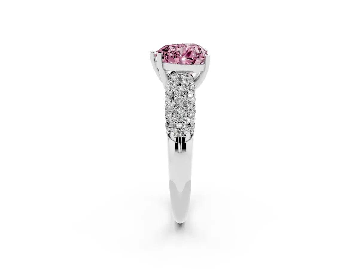 Fancy Pink Heart Cut Diamond Pavé Band Solitaire Ring with Four-Prong Setting White gold