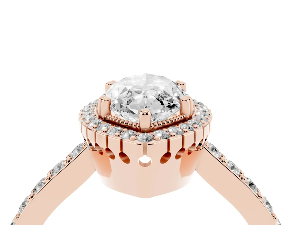 Marquise Cut Cut Diamond Halo Engagement Ring with Milgrain Detail and Pavé Band Rose gold