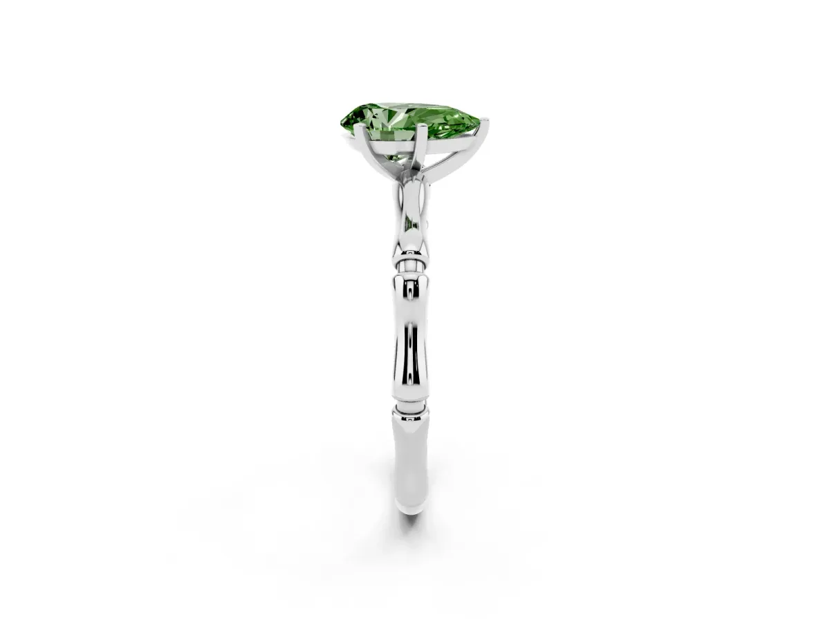 Fancy Green Pear Cut Solitaire Diamond Ring with Bamboo Band and Four-Prong Setting Silver