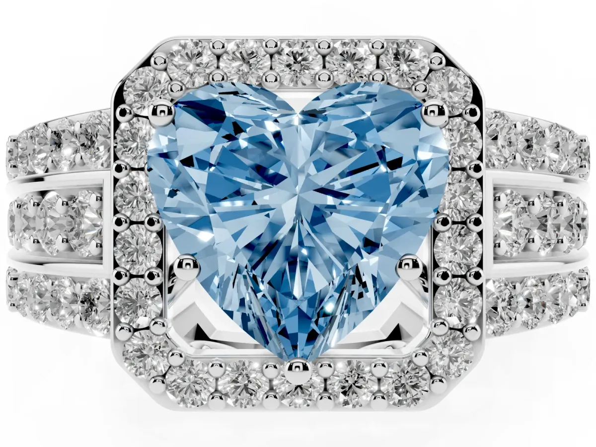 Fancy Blue Heart Cut Halo Diamond Ring with Round Split Shank and Prong Setting Silver