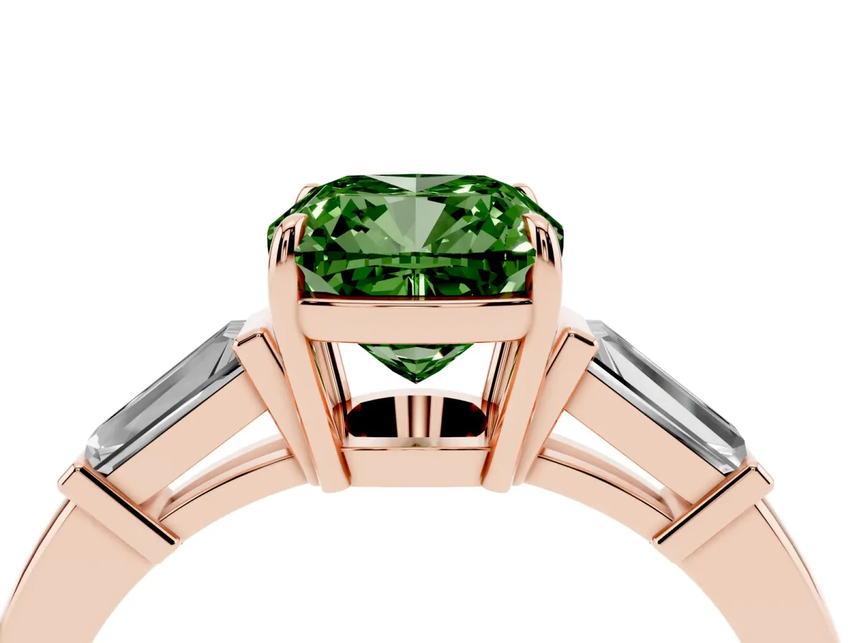 Fancy Green Cushion Cut Diamond Three-Stone Ring with Tapered Baguette Side Stones and Prong Setting Rose gold