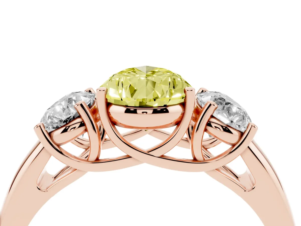 Fancy Yellow Three-Stone Pear Cut Diamond Engagement Ring with Prong Setting Rose gold