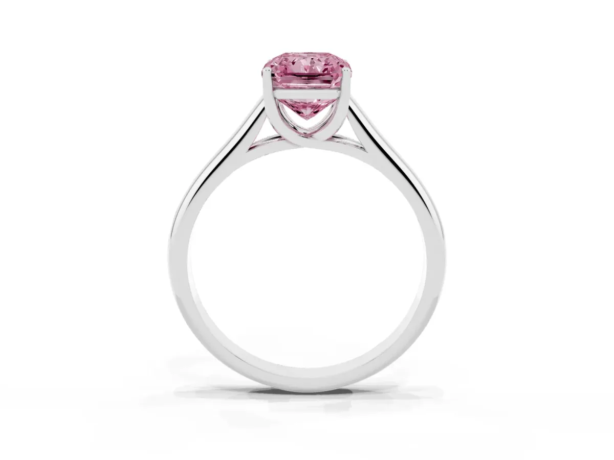 Fancy Pink Radiant Cut Solitaire Engagement Ring with Tapered Band and Four-Prong Setting Silver
