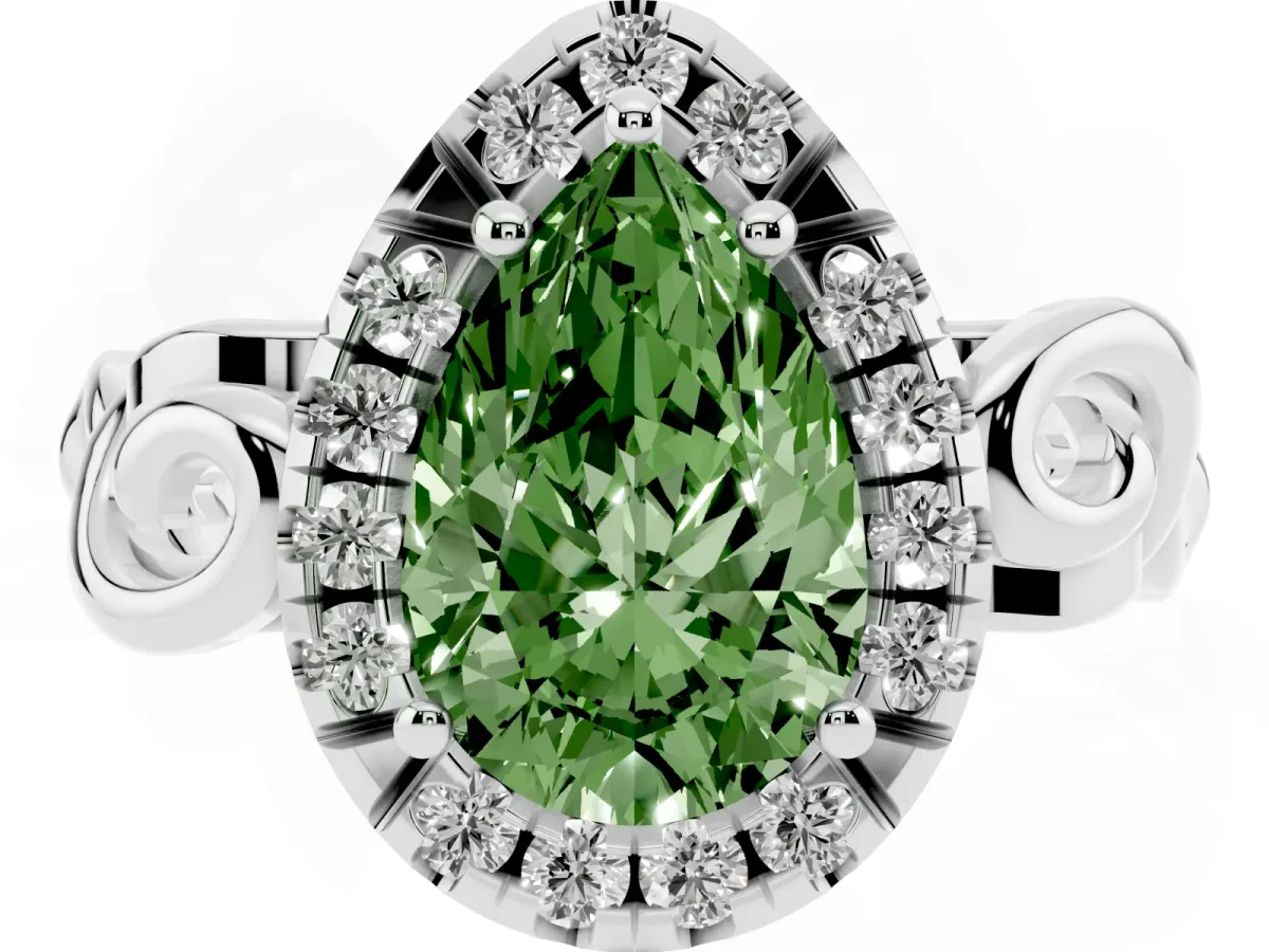 Fancy Green Pear Cut Cut Halo Diamond Ring with Scrollwork Band and Four-Prong Setting Platinum