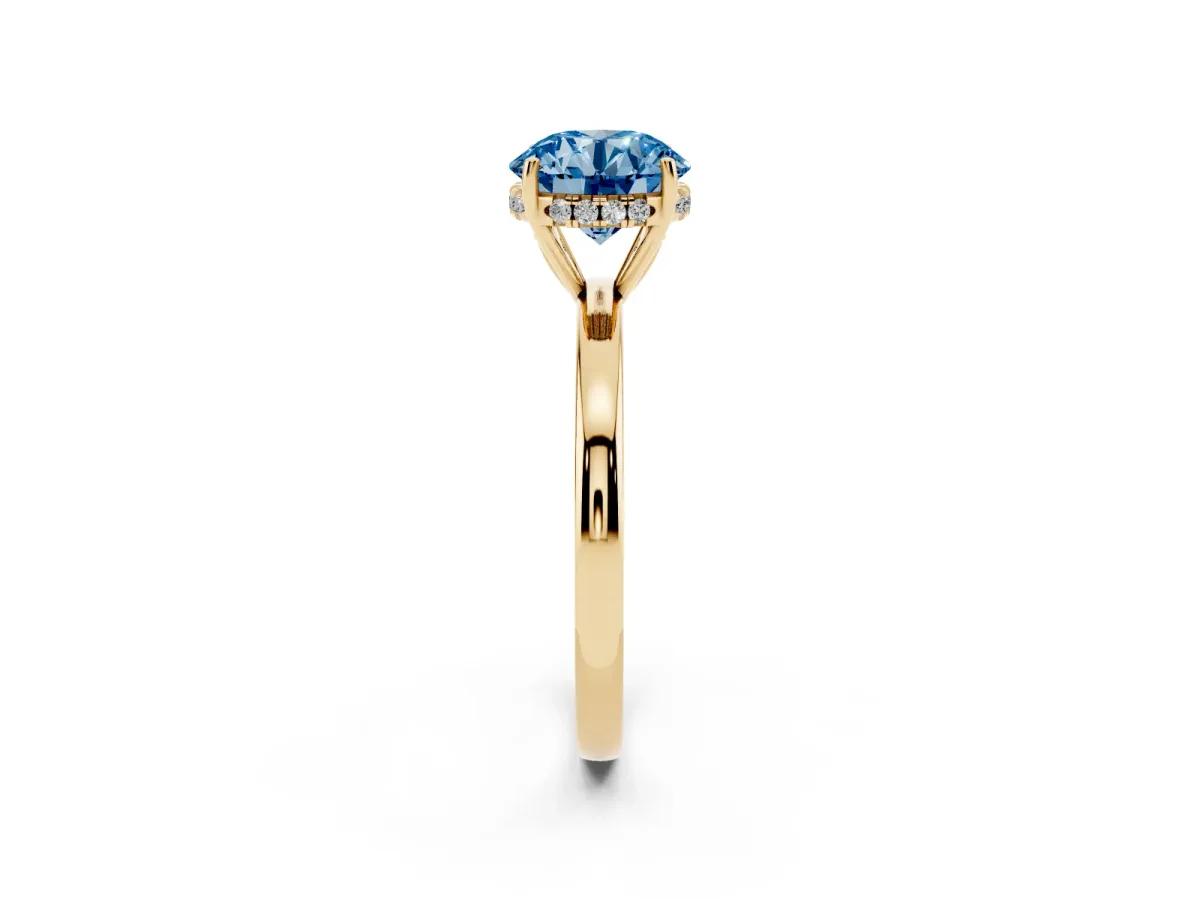 Fancy Blue Round Cut Solitaire Diamond Ring with Prong Setting and Plain Band Yellow gold