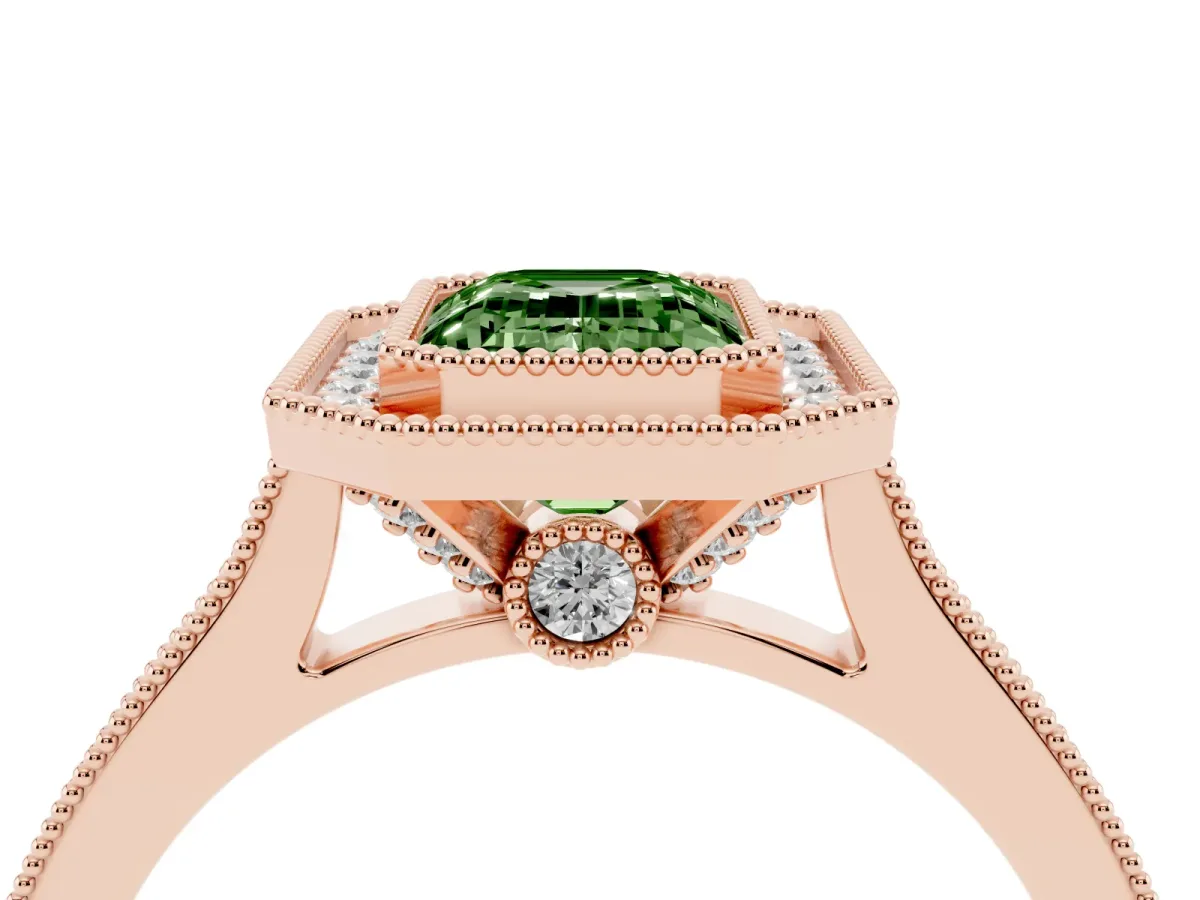 Fancy Green Halo Emerald Cut-Cut Diamond Pave Band Milgrain Prong Setting Ring Rose gold