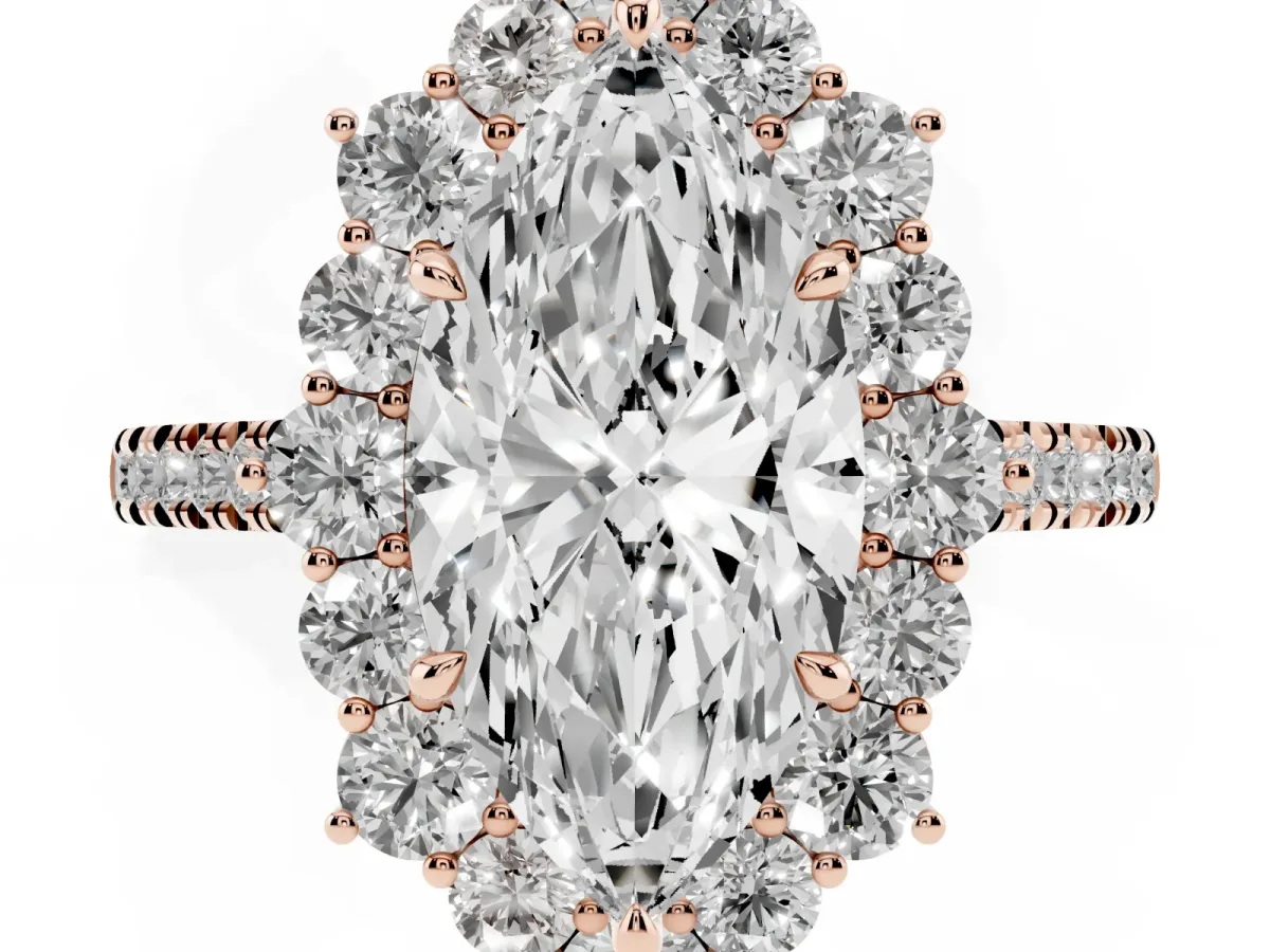 Marquise Cut Halo Diamond Ring with Pavé Band and Prong Setting Rose gold