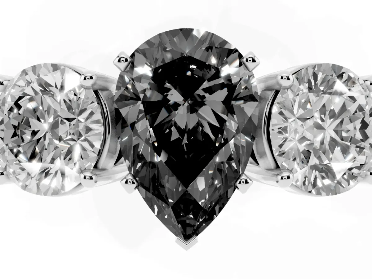 Fancy Black Three-Stone Pear Cut Diamond Ring with Round Side Stones, Classic Band, and Four-Prong Setting Silver