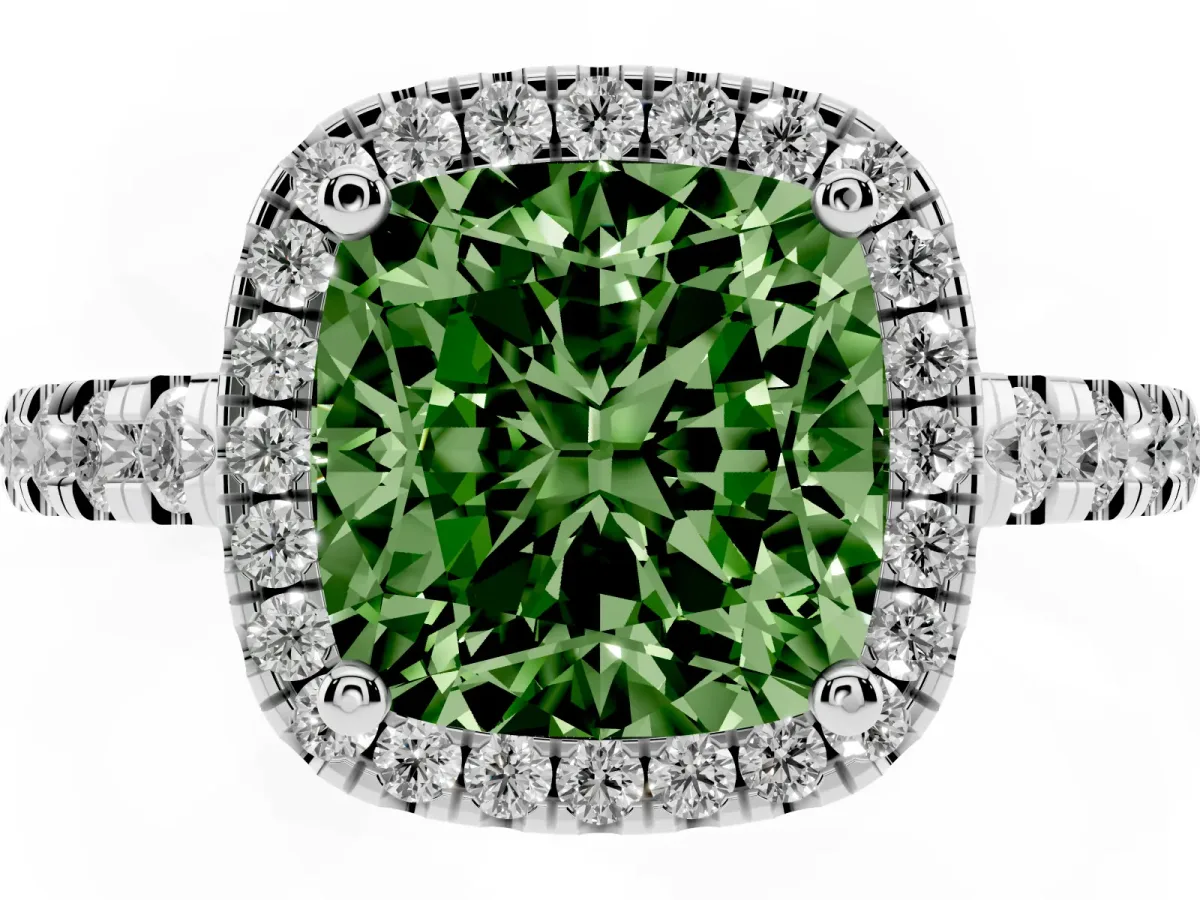 Fancy Green Cushion Cut Diamond Halo Ring with Pavé Band and Four-Prong Setting Platinum