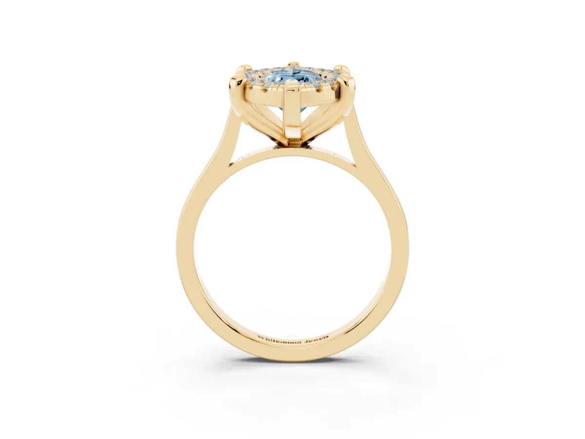 Fancy Blue Marquise Cut Diamond Cluster Halo Solitaire with Four-Prong Setting Yellow gold