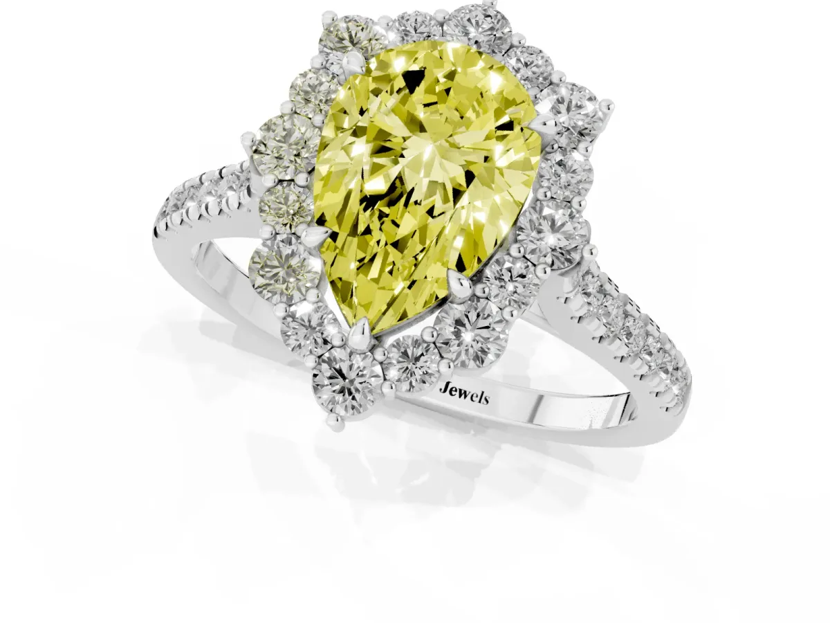 Fancy Yellow Pear Cut Halo Diamond Ring with Pavé Band and Prong Setting Silver