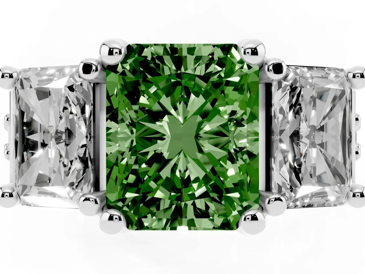 Fancy Green Radiant Cut Diamond Three-Stone Ring with Channel Set Band and Four-Prong Setting Silver