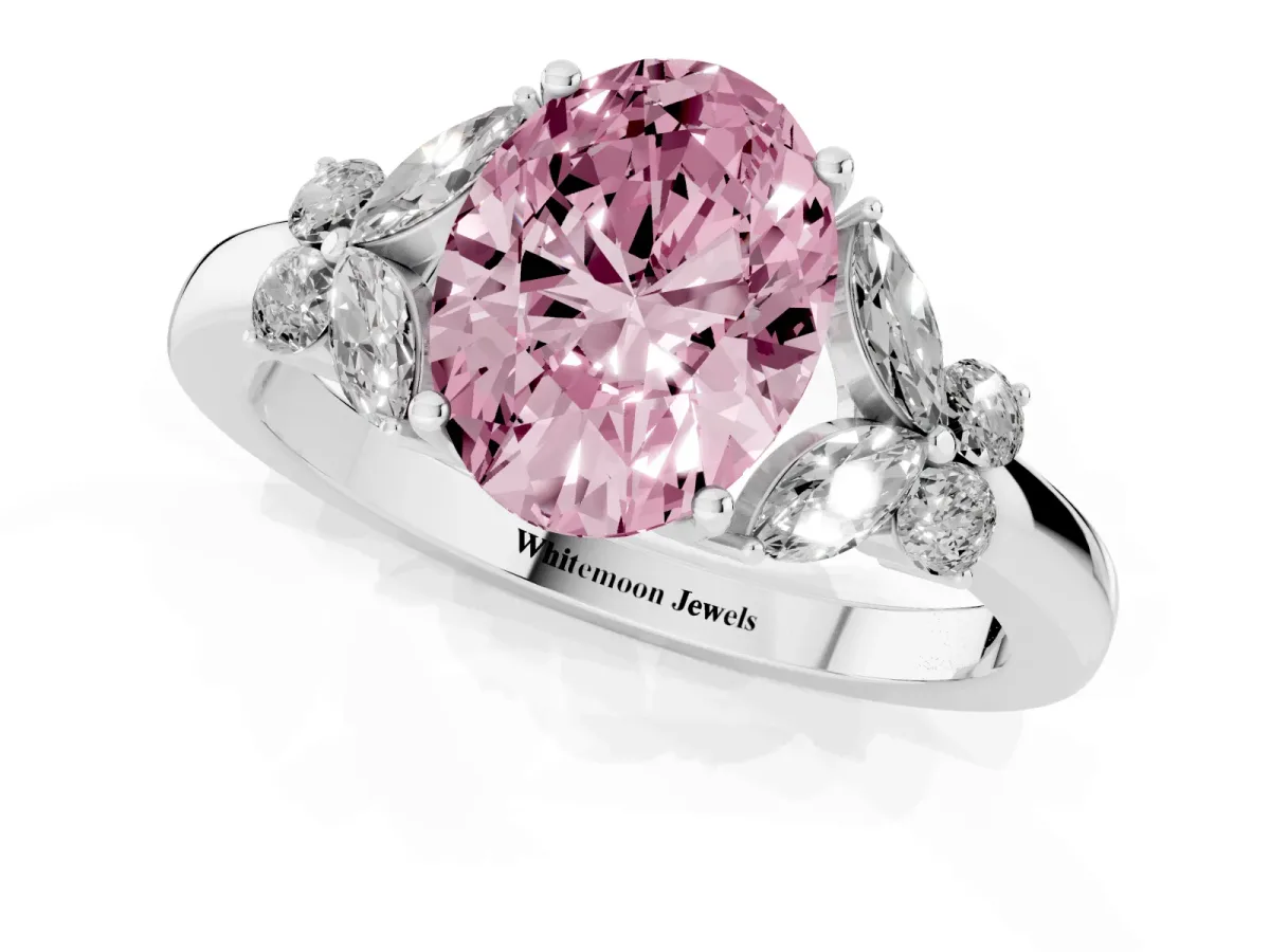 Fancy Pink Oval Cut Cut Solitaire Floral Diamond Ring with Four-Prong Setting Silver